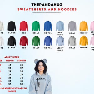 The image is a collage of various sweatshirts and hoodies in different colors and sizes, along with a woman wearing a grey hoodie. The image also includes size and length measurements for each item.