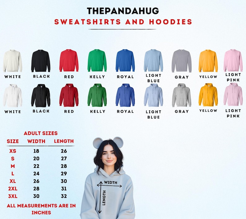 The image is a collage of various sweatshirts and hoodies in different colors and sizes, along with a woman wearing a grey hoodie. The image also includes size and length measurements for each item.