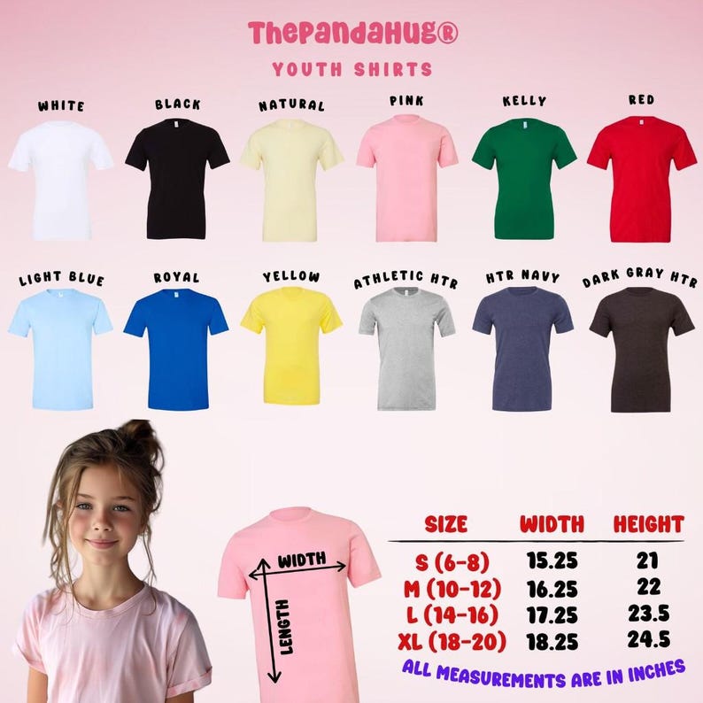 Youth shirt colors and size chart