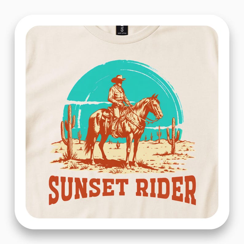 Cream T-shirt close-up with a cowboy on horseback among cacti against a turquoise sun above Sunset Rider text.