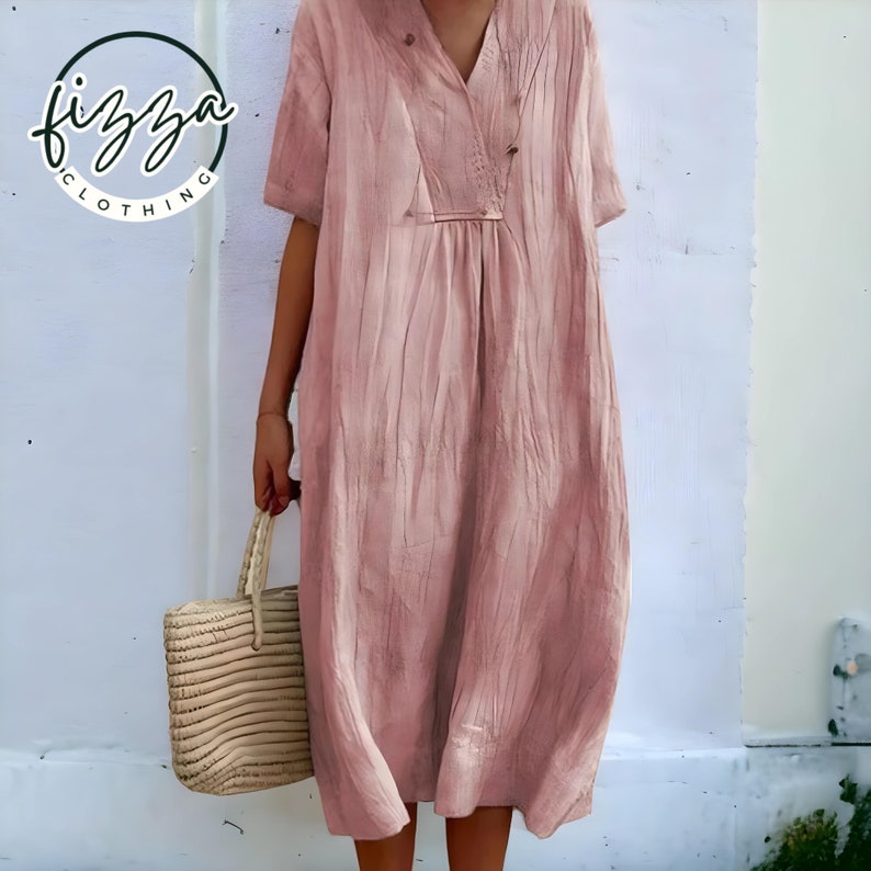 linen clothing for women dress Premium Linen dress for Women Linen Loose half sleeves Dress spring clothing Różowy
