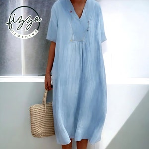 linen clothing for women dress Premium Linen dress for Women Linen Loose half sleeves Dress spring clothing blue