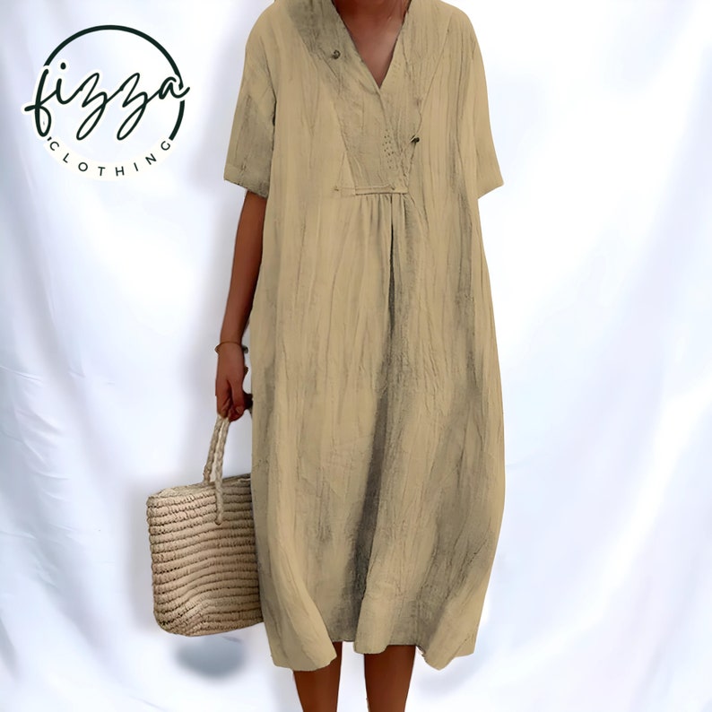 linen clothing for women dress Premium Linen dress for Women Linen Loose half sleeves Dress spring clothing khaki