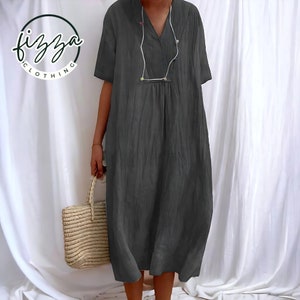 linen clothing for women dress Premium Linen dress for Women Linen Loose half sleeves Dress spring clothing dark grey