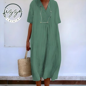 linen clothing for women dress Premium Linen dress for Women Linen Loose half sleeves Dress spring clothing Zielony