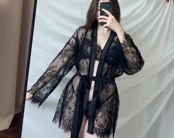 Sheer Short Lace Robe: Elegant Black Lingerie, Handmade, Valentine Day Gift