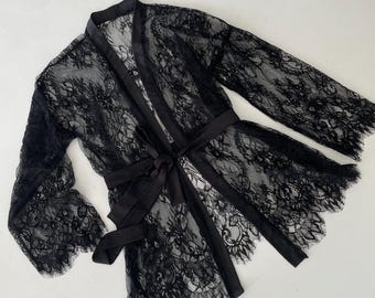 Sheer Lace Robe: Elegant Black Lingerie, Handmade