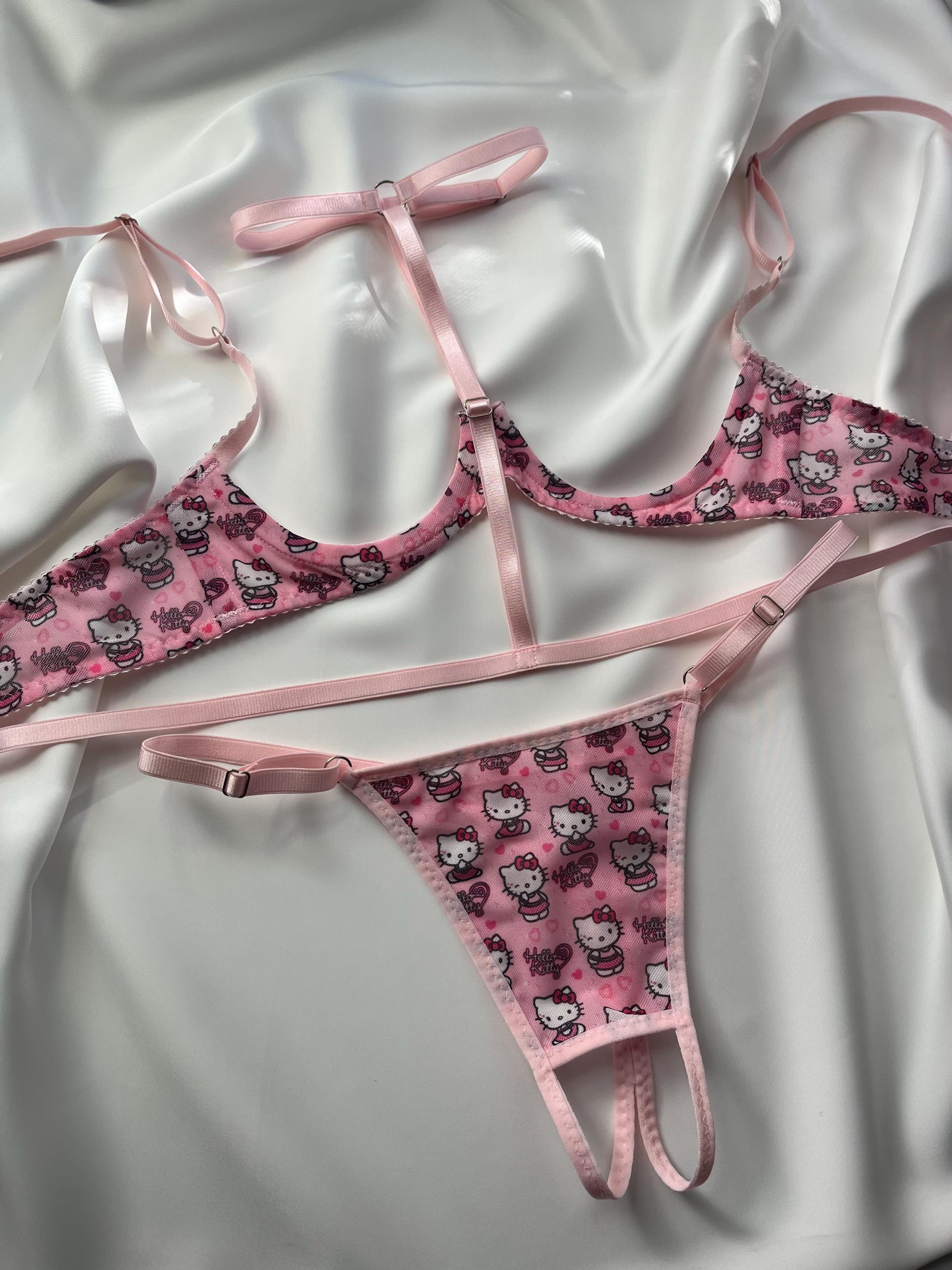 Hello Kitty Mesh Sexy Thong Panties, Open Crotch Pink Kawaii Lingerie,  Sheer Transparent Crotchless Cute Panty With Cats on Regulators