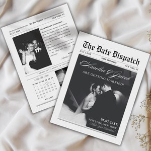 Modelo de jornal de noivado Canva, convite para salvar a data do casamento, cartão de fotografia de anúncio de fuga em estilo vintage editável