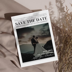 結婚式の新聞のSave The Dateカード、婚約発表用のデジタルCanvaテンプレート、楽しくカスタマイズできる招待状の文房具のダウンロード