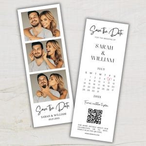 Tira de fotos Salve a data, modelo de convite de cabine de fotos minimalista, cartão de convite de casamento com código QR RSVP, anúncio de noivado