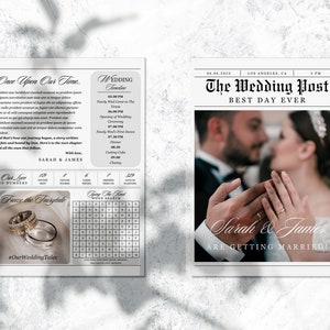 May include: A wedding announcement in the style of a newspaper with a photo of a couple holding hands. The headline reads "The Wedding Post" and the subheading reads "Best Day Ever". The couple's names are Sarah and James, and the date and location of the wedding are listed as 05.05.2023, Los Angeles, CA, 2 PM.