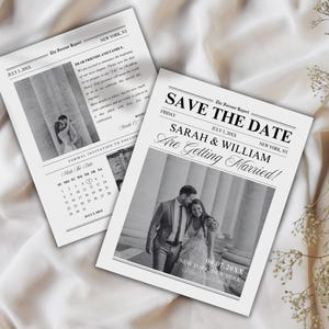 Modelo de reserva de data para jornal de casamento, design de cartão fotográfico para impressão frente e verso, anúncio de noivado com calendário, convite digital