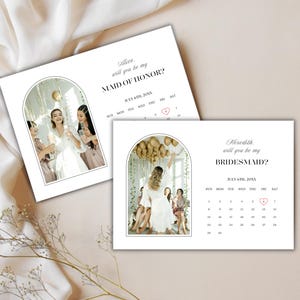 Modelo de cartão de proposta de madrinha Canva, você será minha madrinha de honra, convite com foto editável com calendário, download instantâneo