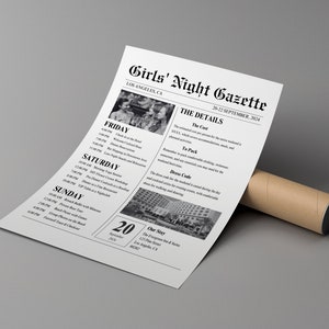 Sjabloon vrijgezellenfeest bruiloft krant, bewerkbare planner vrijgezellenfeest, gepersonaliseerde vrijgezellenfeest route, details weekendtrip