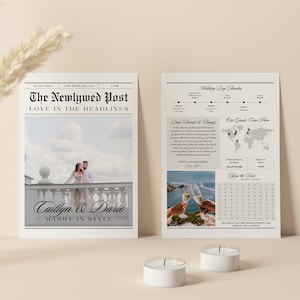 Tarjeta de periódico para el día de la boda, programa de cronograma de celebración editable, plantilla de Canva de itinerario elegante, infografía de mapa de invitados con búsqueda de palabras elegante