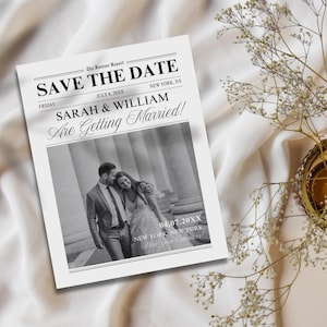 Plantilla Canva para guardar la fecha en formato periódico, invitación de boda digital de estilo vintage, papelería personalizable para anuncio de propuesta