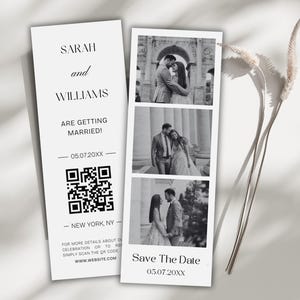 Réservez le modèle de bande de photomaton date, faire-part de mariage minimaliste avec code QR, carte RSVP imprimable moderne - téléchargement immédiat