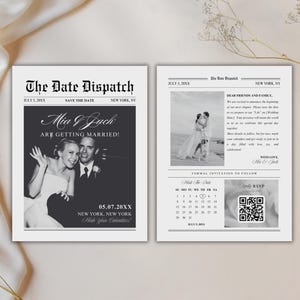 Jornal de casamento, salve a data, modelo digital Canva para anúncio de noivado, convite personalizável com calendário
