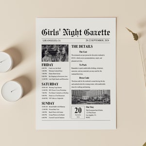 Bachelorette Zeitungseinladungsvorlage, bearbeitbarer Brautparty-Wochenendplaner, personalisierter Partyplan, druckbare Packliste