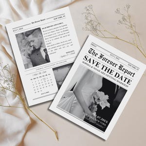 Diseño de periódico con fecha de reserva y calendario, anuncio de compromiso de dos caras de estilo vintage, plantilla de Canva de invitación de boda minimalista