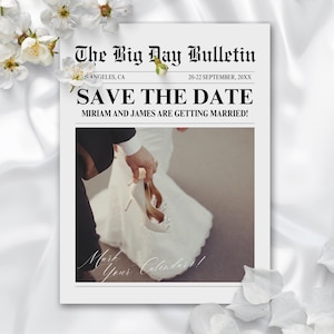 Tarjeta de reserva de fecha de periódico, plantilla Canva de descarga instantánea, papelería de invitación de boda personalizada, anuncio de compromiso imprimible