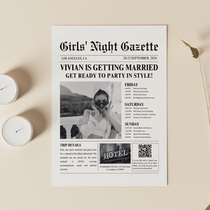 Gepersonaliseerde vrijgezellenweekend route, bewerkbare sjabloon vrijgezellenfeest, thuis afdrukken krant stijl planner lijst uitnodiging