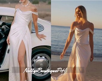 Off the Shoulder Simple Crepe Mermaid Wedding Dresses Sleeveless With Side Split Beach Minimalist Custom Made Bridal Gowns