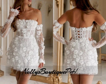 Mini robes de mariée simples sur mesure avec broderie de dentelle de fleurs robe de soirée élégante à épaules dénudées et manches amovibles