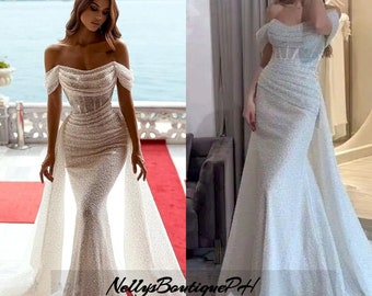 Sleeveless Mermaid Wedding Dresses Floor-Length Off Shoulder Bohemian With Shiny Train Custom Made Bride Dress