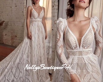 Bohemian Sleeveless Lace Wedding Dress With Detachable Long Sleeve Backless V-Neck A-Line Sweep Train Bridal Gown