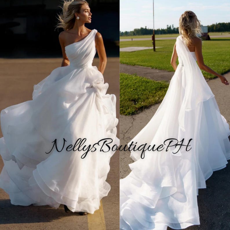 Gorgeous One Shoulder Wedding Dress Bateau A-Line With Pearl main image 1