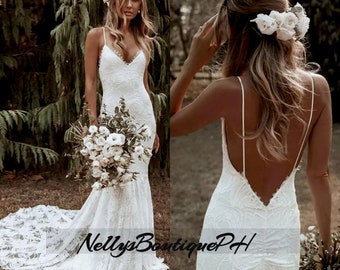 Bohemian Elegant Lace  Mermaid Wedding Dresses Spaghetti Straps Backless Beach V-Neck Sweep Train Bridal Gowns