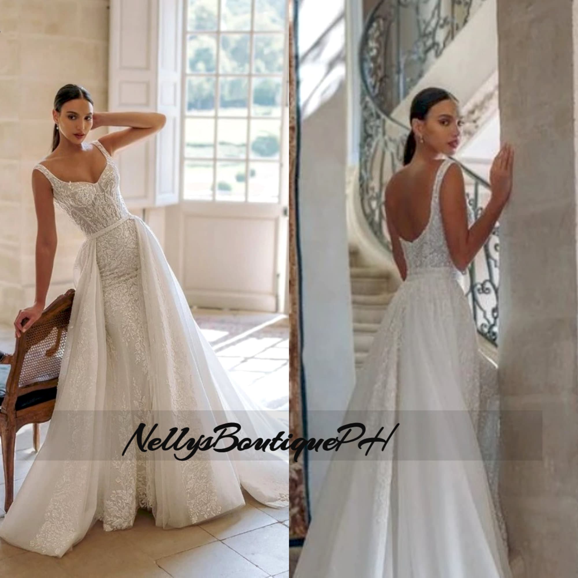 Charming Square Neck Sleeveless  A Line Lace Wedding Dress