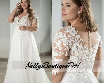 Custom Size Classic Wedding Dresses Plus Size V-Neck Half Sleeves Tulle Lace Appliques A-Line Bride Gowns Sweep Train