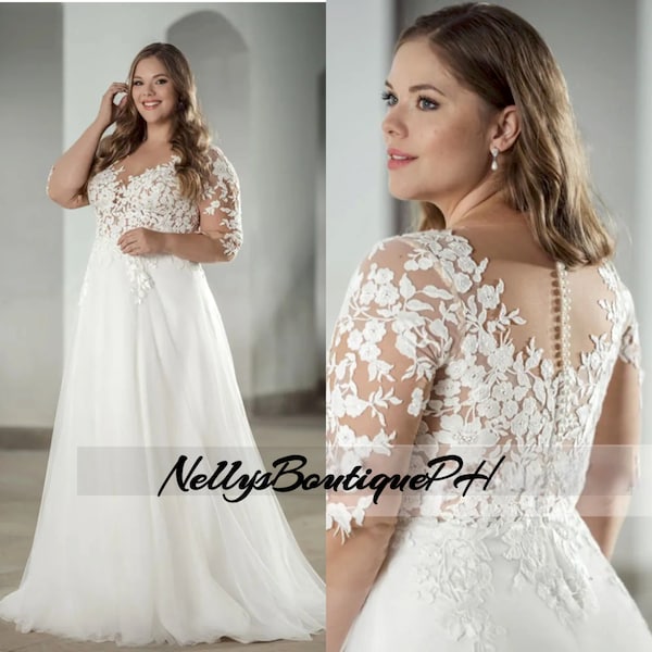 Custom Size Classic Wedding Dresses Plus Size V-Neck Half Sleeves Tulle Lace Appliques A-Line Bride Gowns Sweep Train