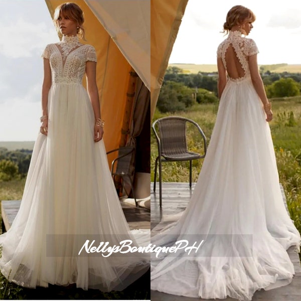 Elegant Custom Made Bohemian Lace Tulle High Neck Wedding Dress With Cap Sleeves Floor-Length A-Line  Bridal Gown