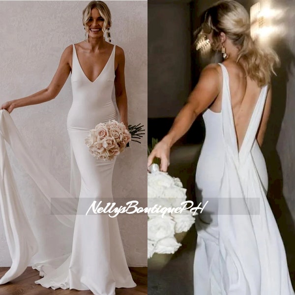 Elegant Plain Sleeveless V-Neck Wedding Dress With Crepe Detachable Train Mermaid Open Back Simple Bridal Gowns