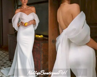 Summer Gorgeous Custom Made Wedding Party Dresses Off The Shoulder Pleats Mermaid Satin Women Bride Gowns With Train
