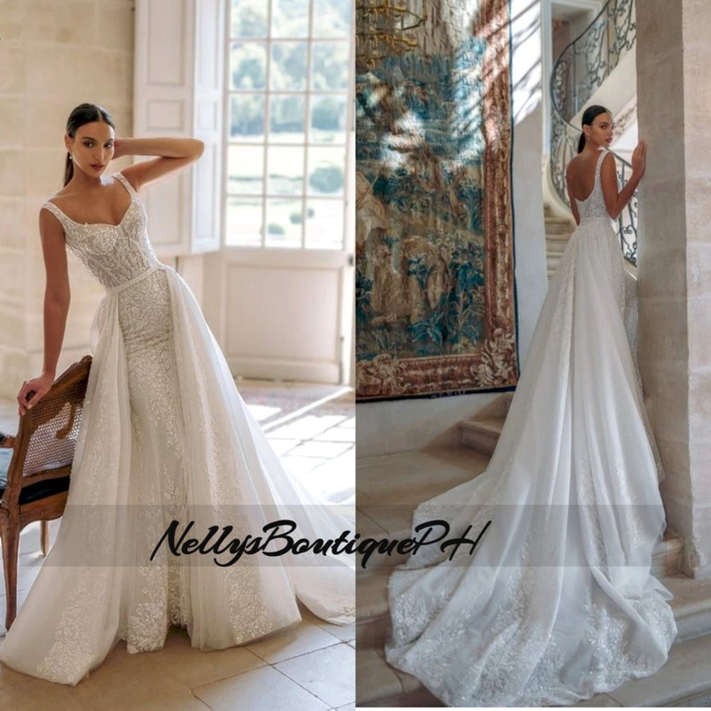 Charming A-Line Square Neck Puff Sleeves Wedding Dresses with Train VK23091101