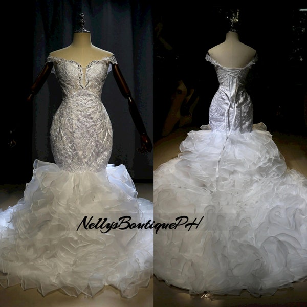 Custom Made Plus Size Luxury Mermaid Wedding Dress with Ruffle Train Lace Appliques Crystals Beaded  Bridal Gowns