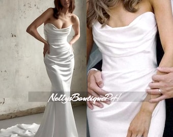 Simple Sleeveless Minimalist Crepe Mermaid Wedding Dresses Soft Satin Sweetheart Beach Floor-Length Bridal Gowns