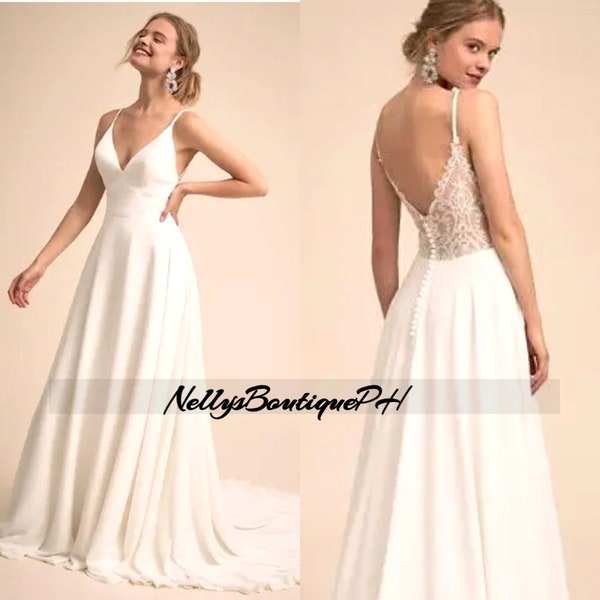 Custom Made Simple And Charming V-neck Wedding Dress With Lace Back Spaghetti Straps Satin Floor-Length Bridal Dress