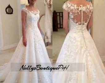 A-line Elegant Appliques Wedding Dresses Sheer Back Cap Sleeves Lace Tulle Sleeveless Floor-Length Bride Gown