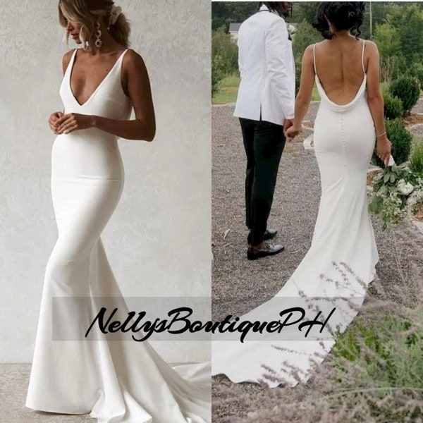 Satin Custom Made Mermaid Wedding Dress V-Neck Open Back Boho Simple Plain Long Train Buttons Beach Bridal Dress