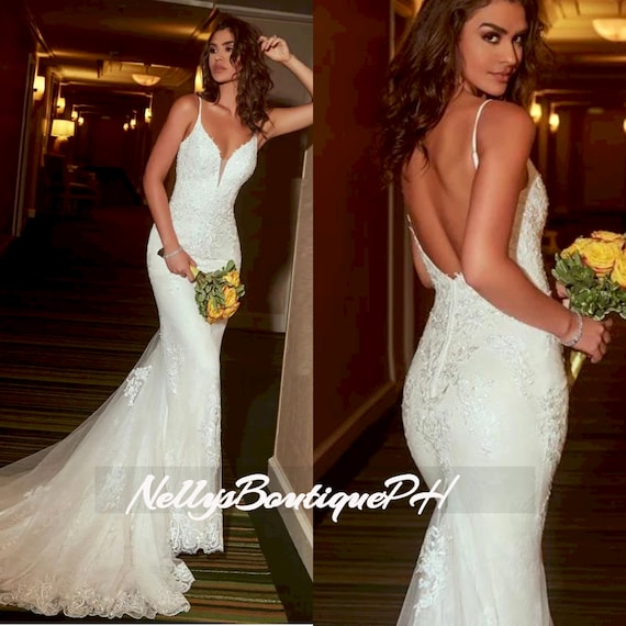 Custom Made Open Back Mermaid Wedding Dresses Spaghetti Straps Plunging Neckline Lace Floor Length Bridal Gowns