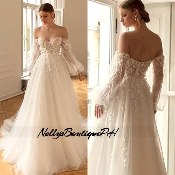 Mesh Sleves Wedding Dress Etsy