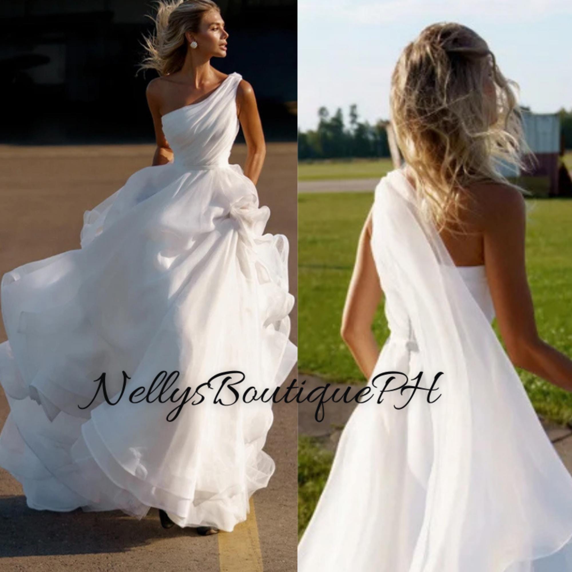Gorgeous One Shoulder Wedding Dress Bateau A-Line With Pearl C314 main image 1