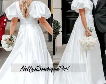 Custom Made Beach Elegant Satin A-Line Wedding Dresses Short Puff Sleeves Church Boho Backless V-Neck Bride Dress
