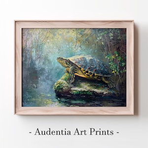 May include: A painting of a turtle on a rock in a pond. The turtle is green, black, and yellow with a brown shell. The background is a blurry green and blue.